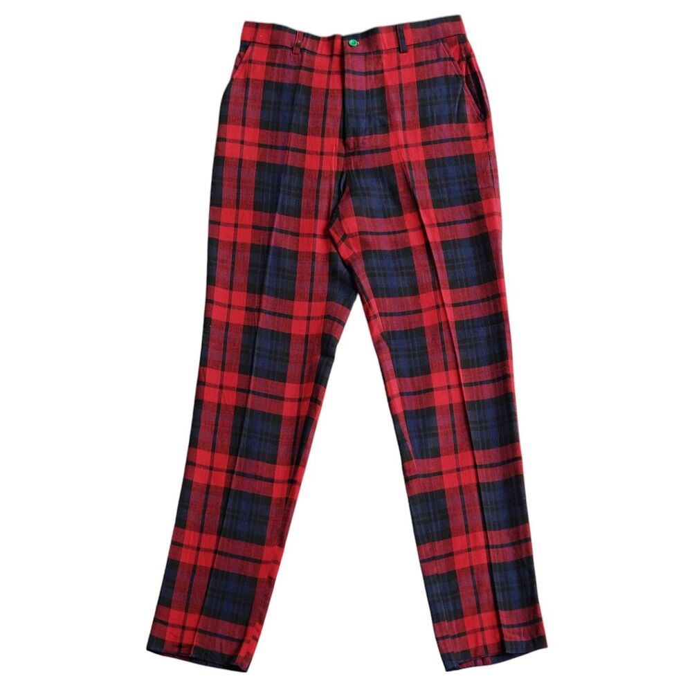 Mens 32 Red Blue Plaid Pants Cotton Flat Front Straight Fit Dress Trousers NWT